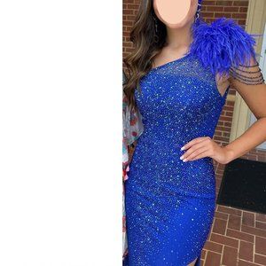 Feather-accented Crystals Royal Blue *small* 6 (like 2) One-shoulder gown, 2916